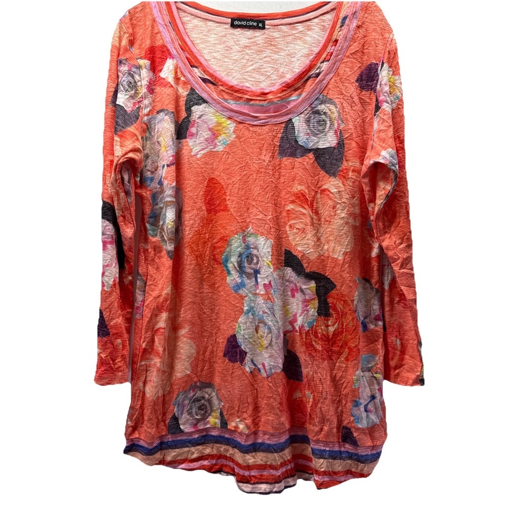 David Cline Women's Top Size XL Floral Stripe 3/4 Sleeve Pullover Orange Blue